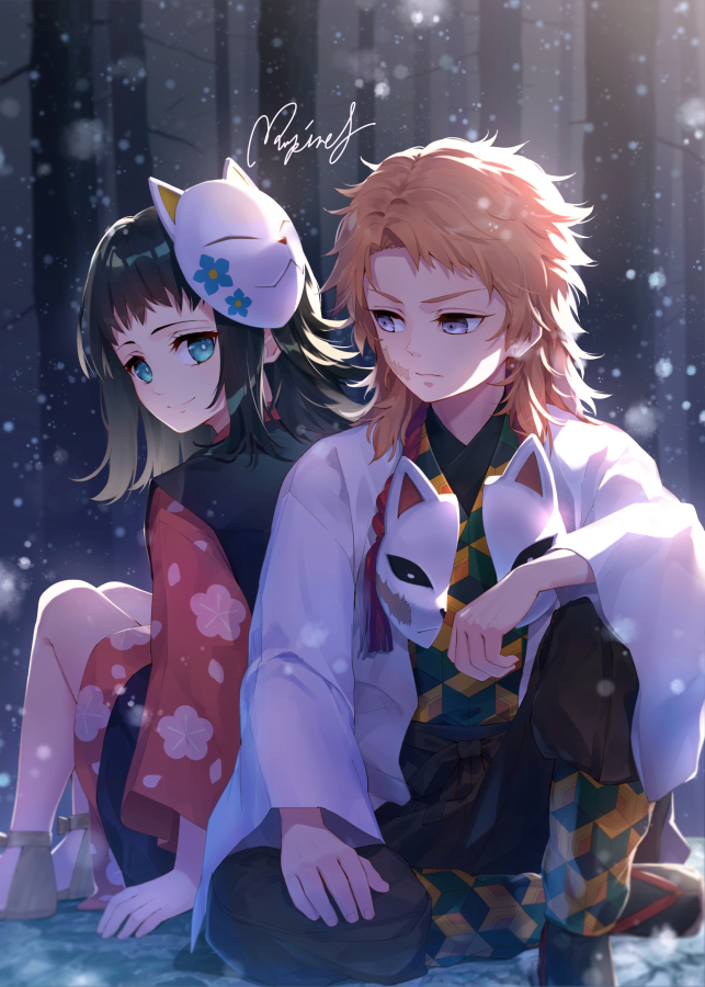 1boy, 1girl, bangs, black_hair, black_legwear, black_pants, blue_eyes, broken_mask