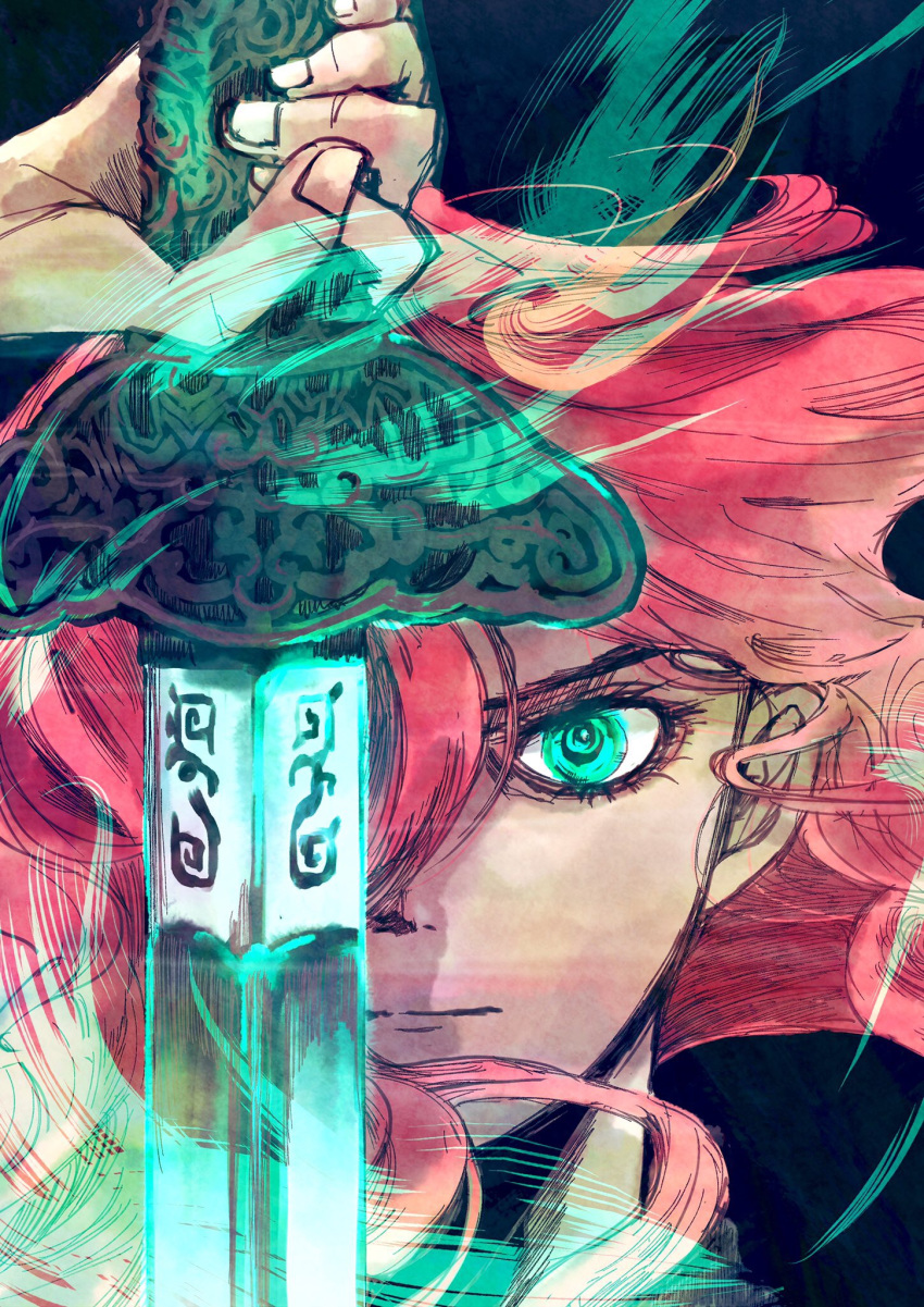 1girl, aqua_eyes, black_background, close-up, closed_mouth, face, floating_hair, frown