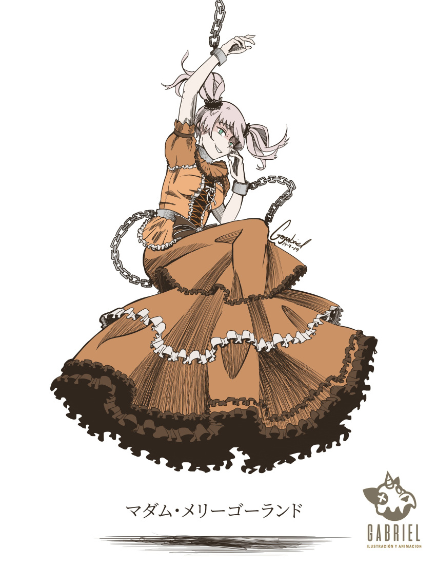 1girl, absurdres, arm_up, artist_name, chain, corset, cuffs, dress