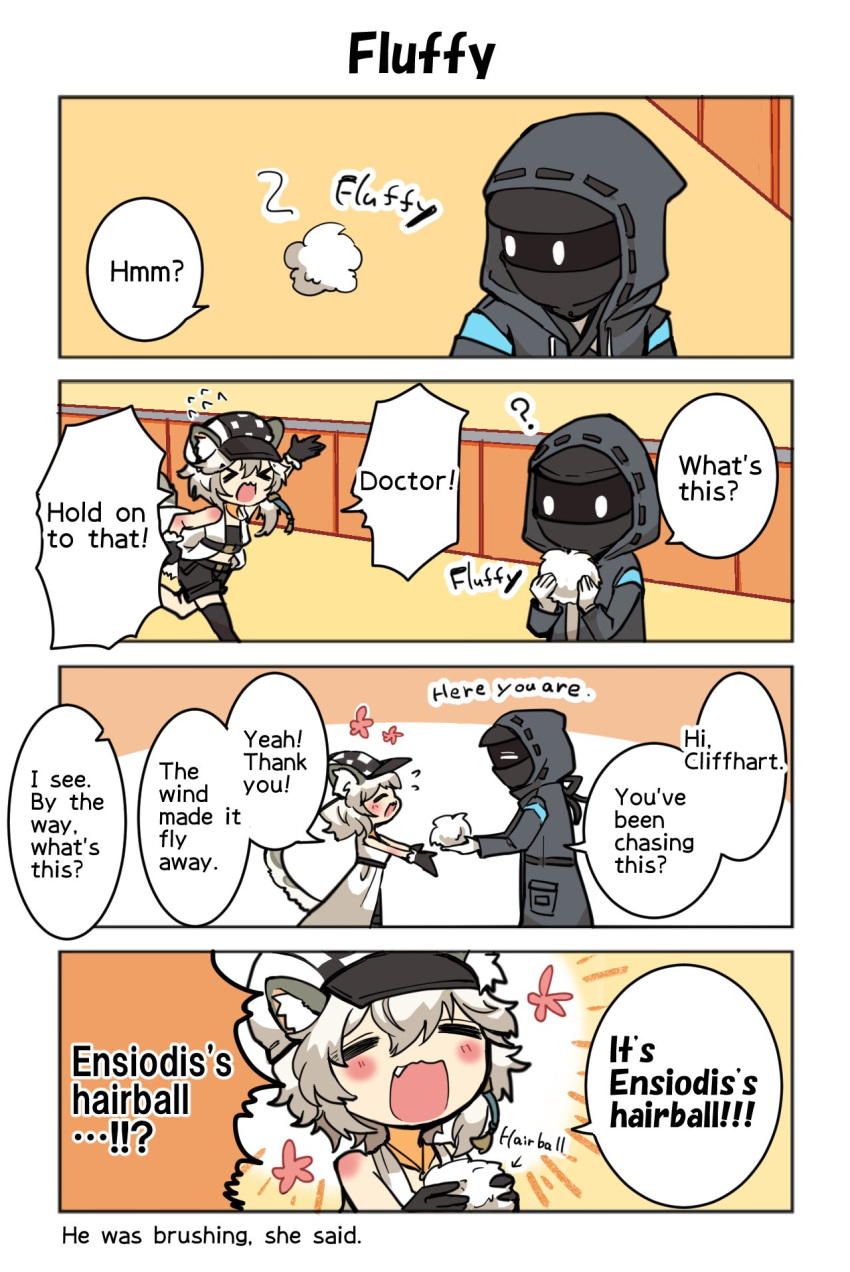 1girl, 1other, ambiguous_gender, animal_ears, arknights, cliffheart_(arknights), doctor_(arknights), english_text