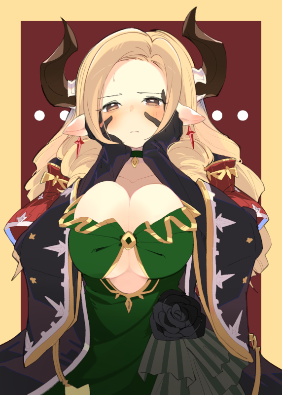 1girl, black_gloves, blonde_hair, blush, breasts, brown_eyes, draph, dress