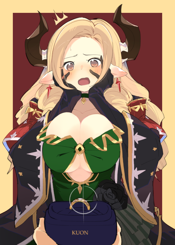1girl, black_gloves, blonde_hair, blush, breasts, brown_eyes, draph, dress