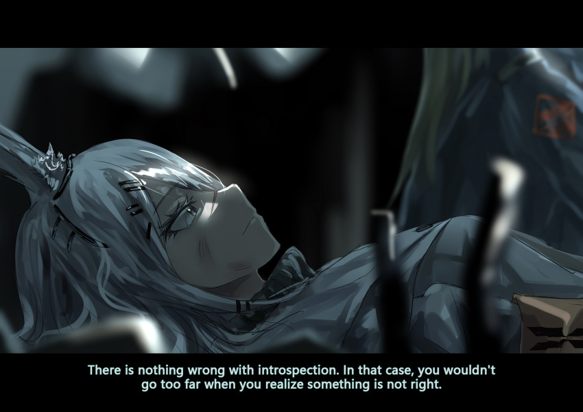 animal_ears, arknights, blurry_foreground, chinese_commentary, cishi_nianshao, doctor_(arknights), english_text, facial_scar
