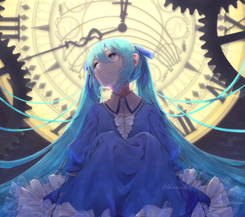 1girl, aqua_hair, astronomical_clock, backlighting, blue_dress, blue_eyes, chaban_capriccio_(vocaloid), clock