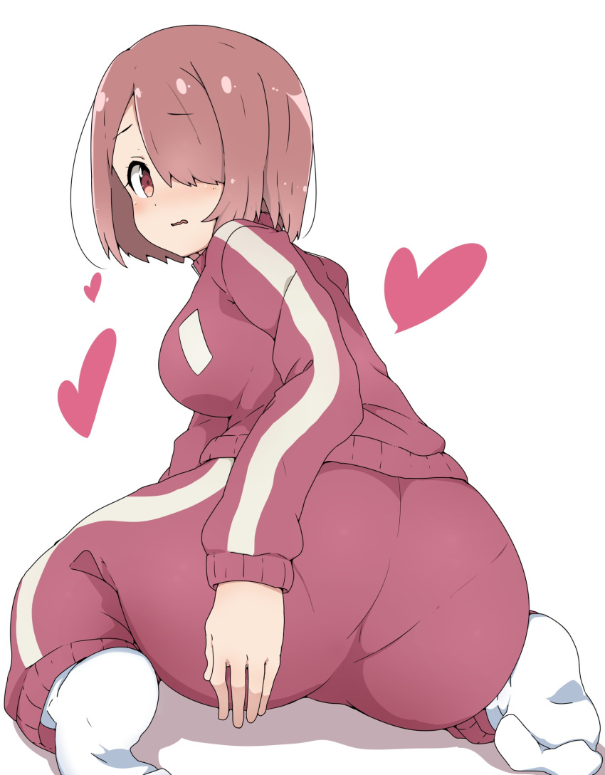 1girl, ass, brown_eyes, brown_hair, commentary, eyebrows_visible_through_hair, hair_over_one_eye, heart