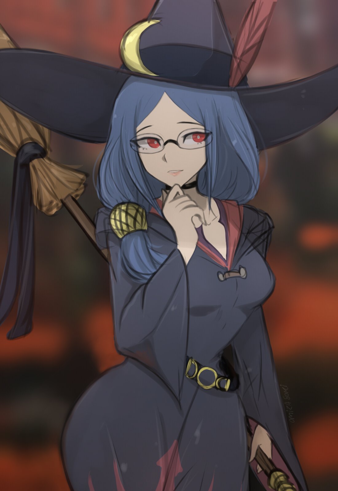 1girl, artist_name, black_choker, blue_hair, blurry, blurry_background, breasts, broom