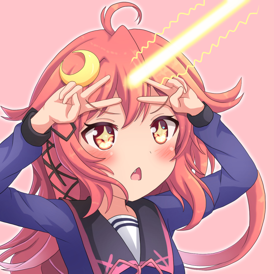 +_+, 1girl, ahoge, arms_up, black_ribbon, black_sailor_collar, blue_shirt, blush