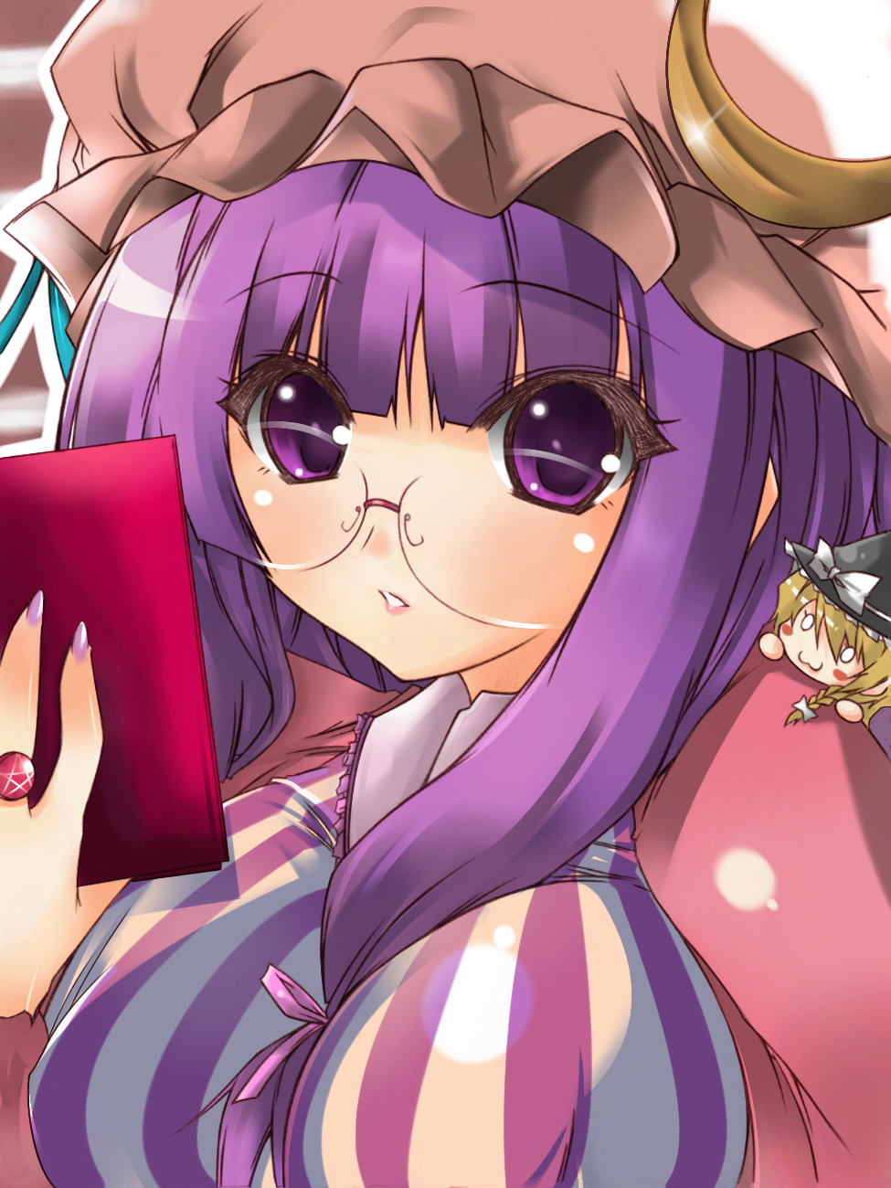 bad_id, bespectacled, blonde_hair, book, braid, chibi, glasses, hat, highres, jewelry, kirisame_marisa, long_hair, nail_polish, patchouli_knowledge, purple_eyes, purple_hair, ring, suzumiya, suzumiya_botan, touhou, violet_eyes