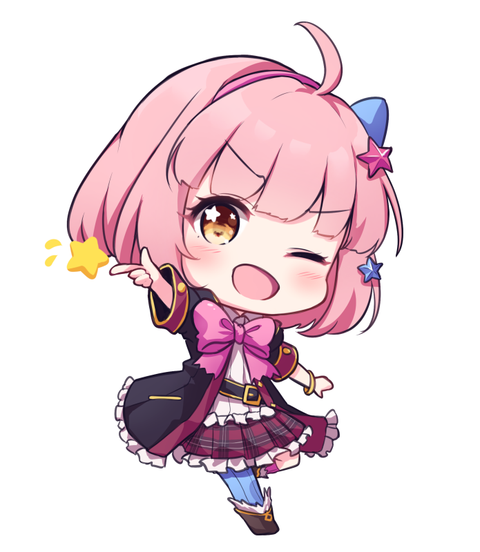 1girl, ;d, ahoge, asymmetrical_legwear, bangle, bangs, belt, belt_buckle