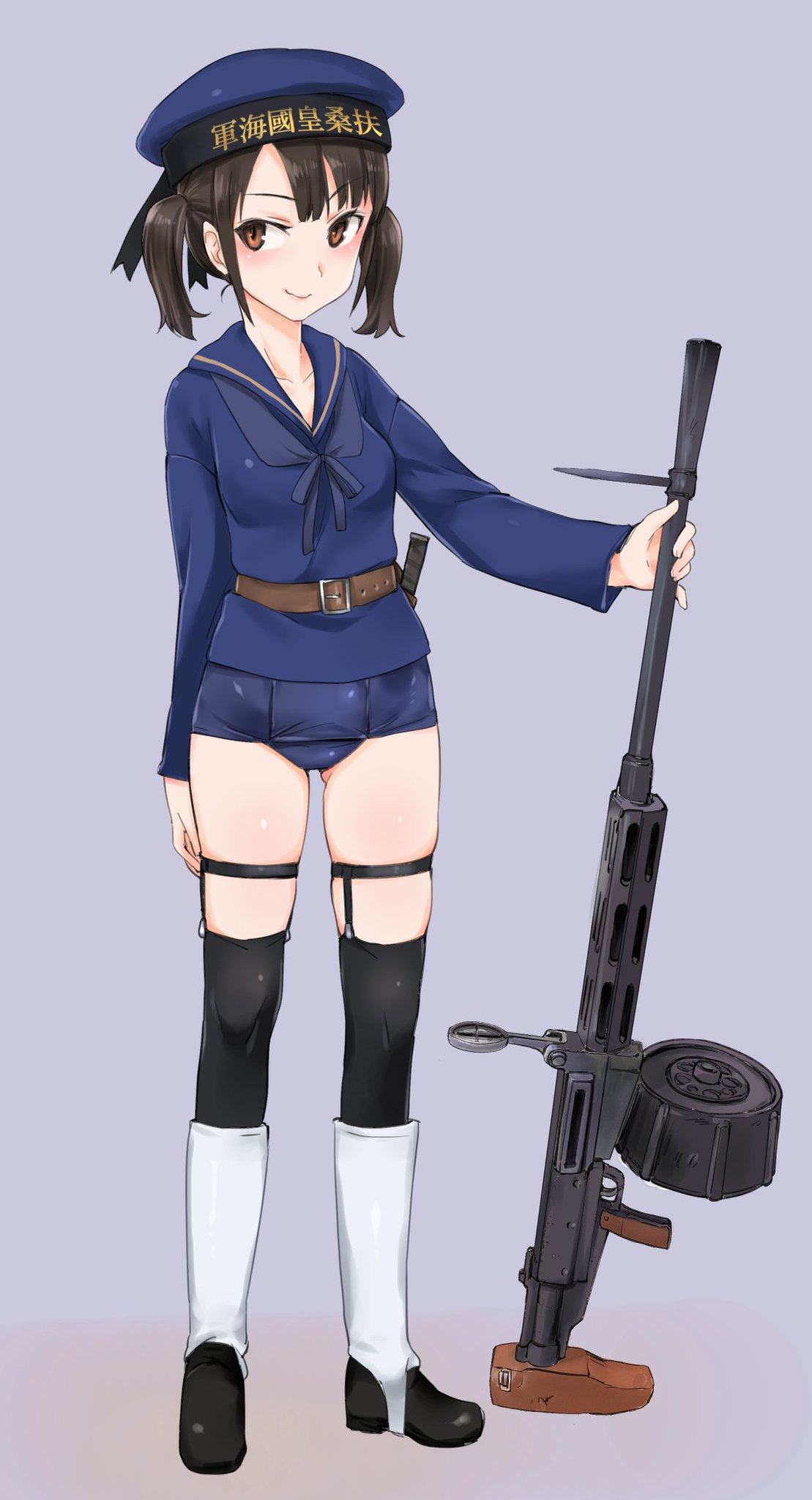 1girl, aohashi_ame, bangs, belt, black_hair, black_legwear, blouse, blue_headwear