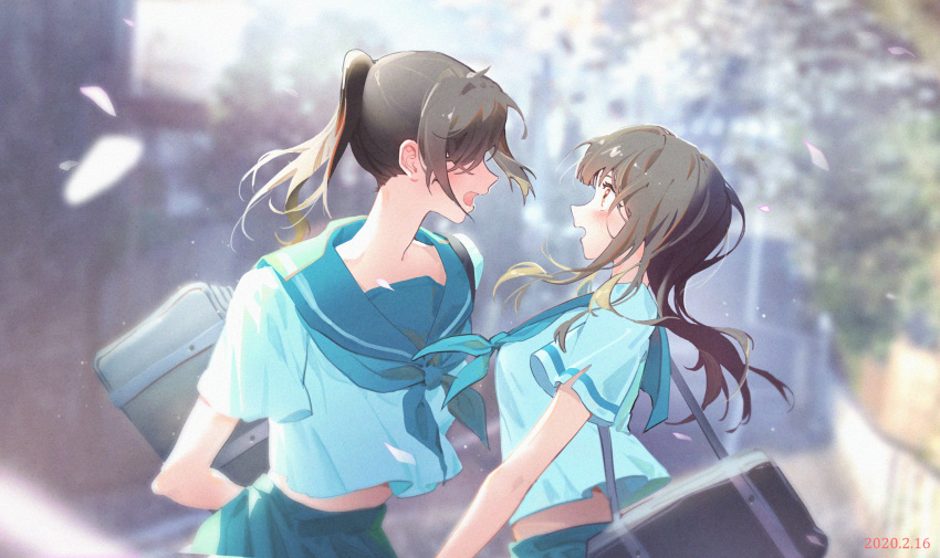 2girls, absurdres, arms_behind_back, bag, blue_skirt, blurry, blurry_background, blush