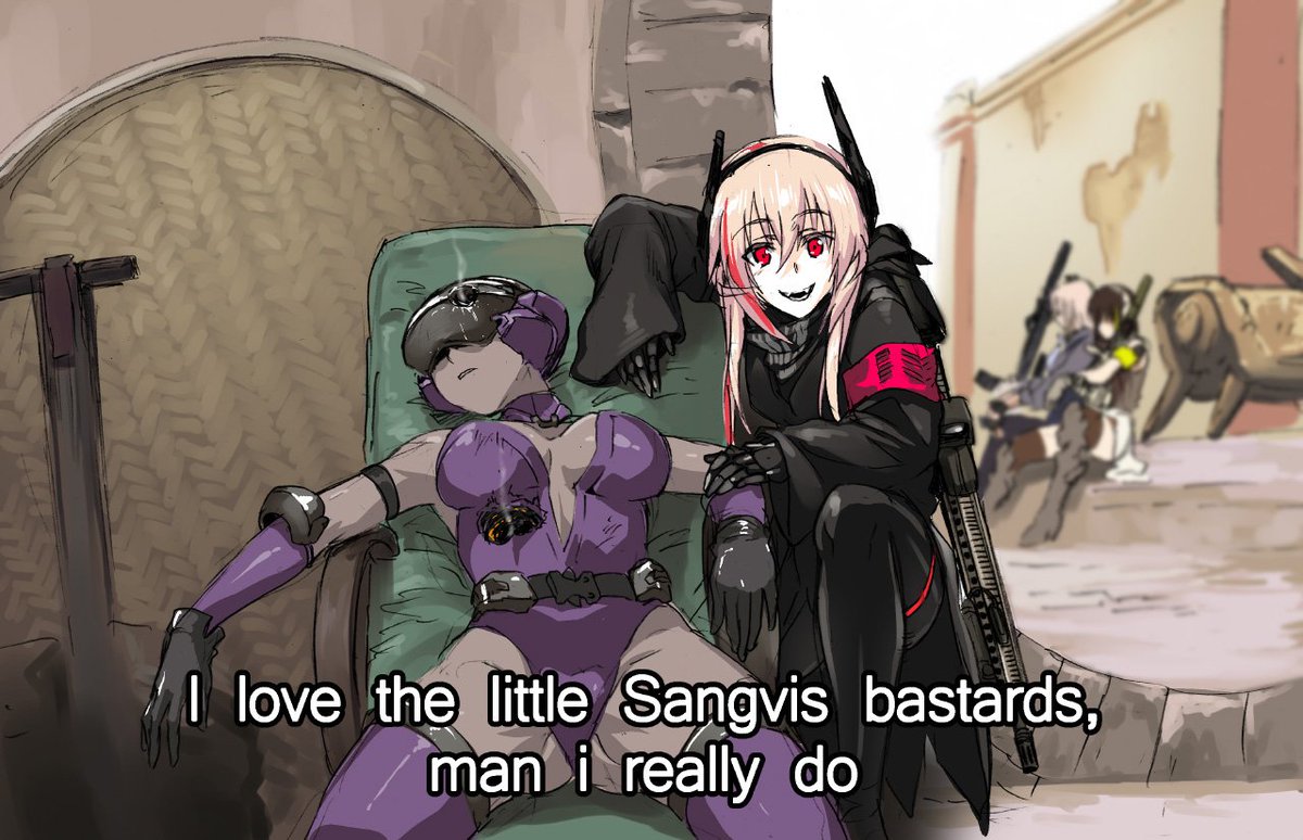 4girls, armband, black_gloves, black_jacket, black_legwear, blonde_hair, blurry, blurry_background, brown_hair, bullet_hole, byeontae_jagga, chair, character_request, corpse, dinergate_(girls_frontline), english_text, fangs, full_metal_jacket, girls_frontline, gloves, gun, head_mounted_display, headgear, injury, jacket, leotard, long_hair, long_sleeves, looking_at_viewer, m4_sopmod_ii, m4_sopmod_ii_(girls_frontline), m4a1_(girls_frontline), multicolored_hair, multiple_girls, one_knee, open_mouth, parody, parted_lips, purple_legwear, purple_leotard, red_eyes, redhead, sangvis_ferri, scarf, sidelocks, sitting, smile, smoke, statue, streaked_hair, subtitled, teeth, thigh-highs, two-tone_hair, vespid_(girls_frontline), weapon