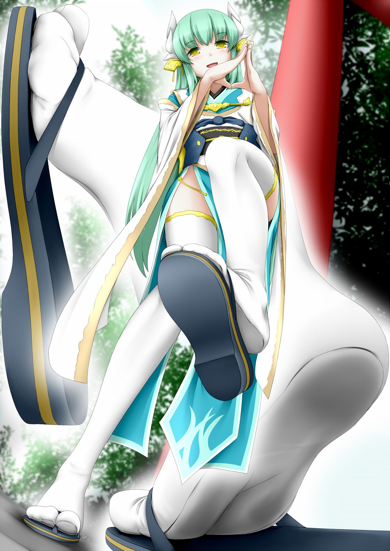 1girl, aqua_hair, aqua_kimono, artist_request, bow, dragon_girl, dragon_horns, fate/grand_order, fate_(series), feet, highres, horns, japanese_clothes, kimono, kiyohime_(fate/grand_order), lamia, monster_girl, multiple_horns, obi, sash, socks, thigh-highs, white_legwear, yellow_bow, yellow_eyes
