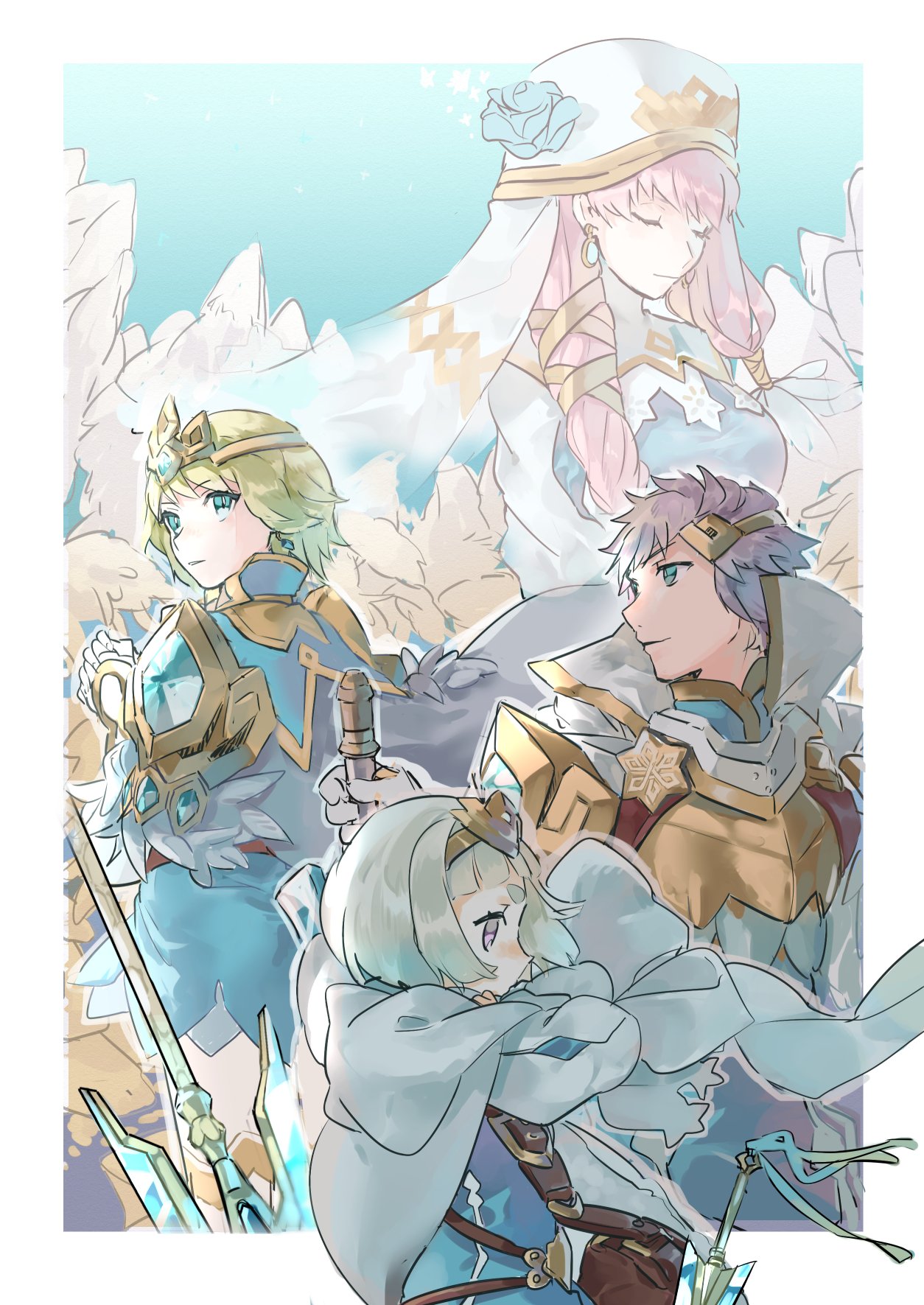 1boy, 3girls, armor, blonde_hair, blue_eyes, blue_hair, brother_and_sister, closed_eyes