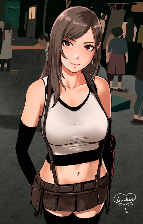 1girl, black_hair, brown_eyes, crop_top, elbow_gloves, final_fantasy, final_fantasy_vii, final_fantasy_vii_remake