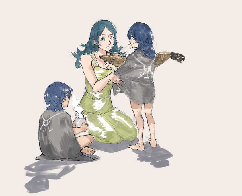 1boy, 2girls, blue_eyes, blue_hair, byleth_(fire_emblem), byleth_eisner_(female), byleth_eisner_(male), cup