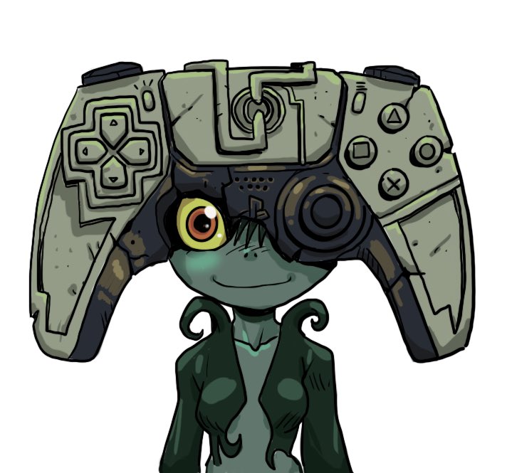 1girl, bangs, bannon_rudis, black_hair, black_skin, blush, closed_mouth, collarbone, controller, dualsense, english_commentary, game_controller, grey_skin, hair_between_eyes, happy, helmet, imp, jpeg_artifacts, light_blush, looking_at_viewer, midna, no_humans, nose_blush, playstation_5, red_eyes, short_hair, simple_background, smile, solo, the_legend_of_zelda, the_legend_of_zelda:_twilight_princess, two-tone_skin, upper_body, white_background, yellow_sclera