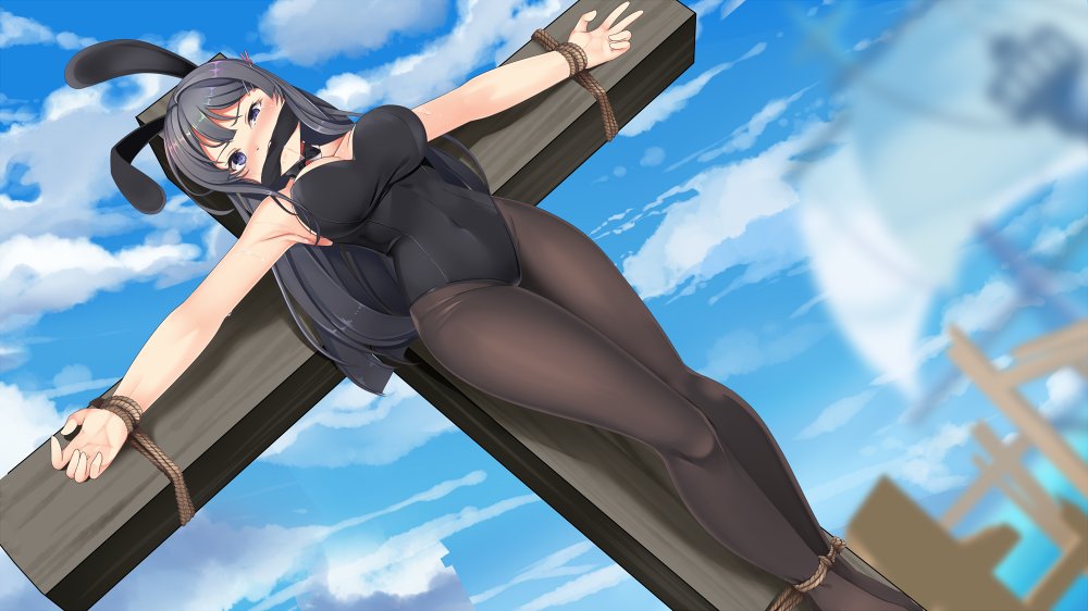 1girl, animal_ears, armpits, bare_shoulders, black_bow, black_hair, black_legwear, black_leotard