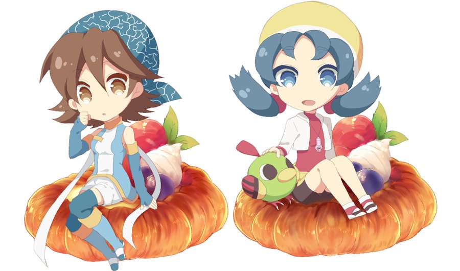 2girls, bangs, bird, black_eyes, blue_bandana, blue_eyes, breasts, brown_eyes