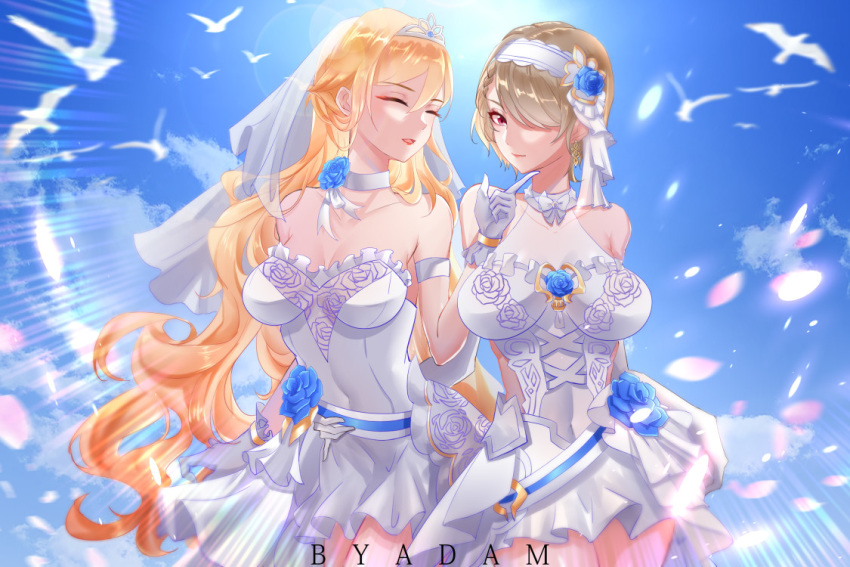 2girls, artist_request, blonde_hair, bride, closed_eyes, dress, durandal_(honkai_impact), hair_ornament