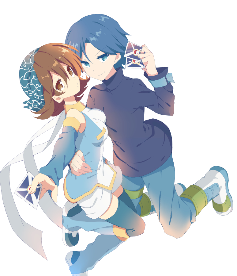 1boy, 1girl, blue_eyes, blue_hair, breasts, brown_eyes, brown_hair, card