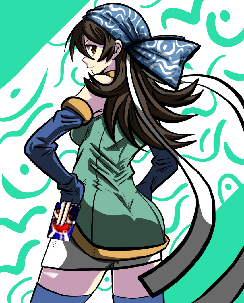 1girl, bangs, batchgooya, blue_bandana, blue_gloves, breasts, brown_hair, card