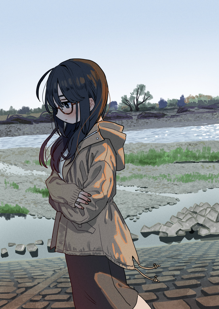 1girl, absurdres, bangs, blush, brown_hair, brown_jacket, closed_mouth, crossed_arms