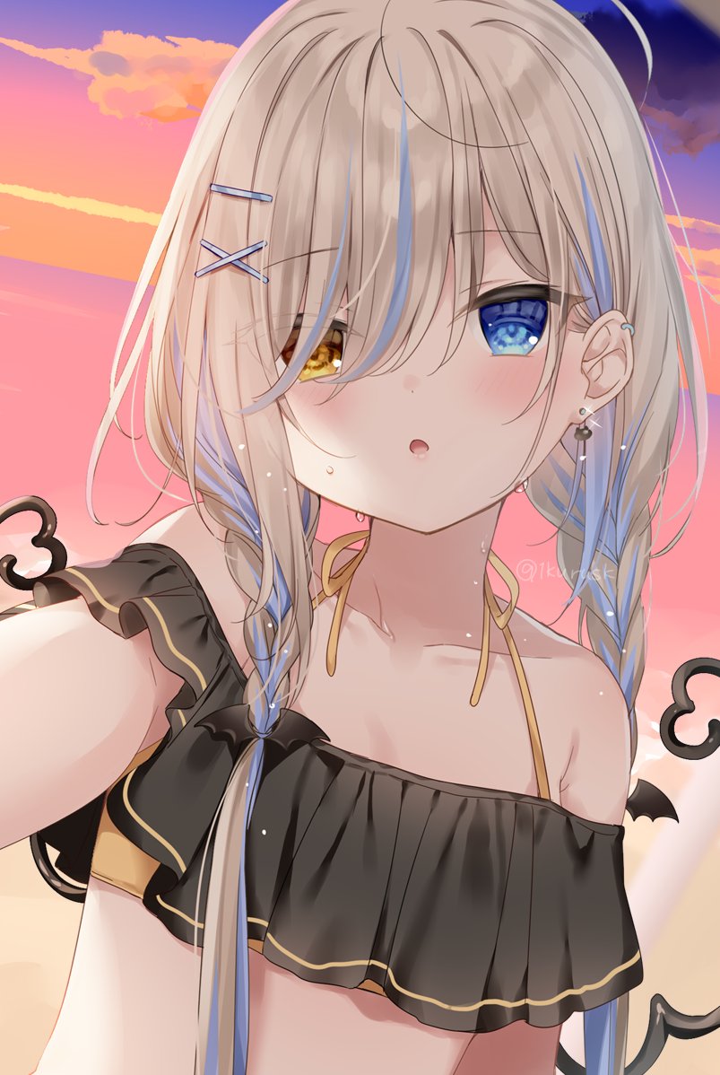 1girl, :o, bangs, bare_shoulders, bikini, black_bikini, blue_eyes, blue_hair