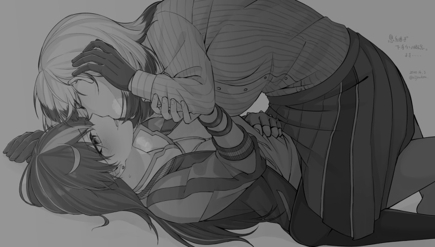 2girls, black_hair, blush, bracelet, closed_eyes, earrings, fingerless_gloves, gloves