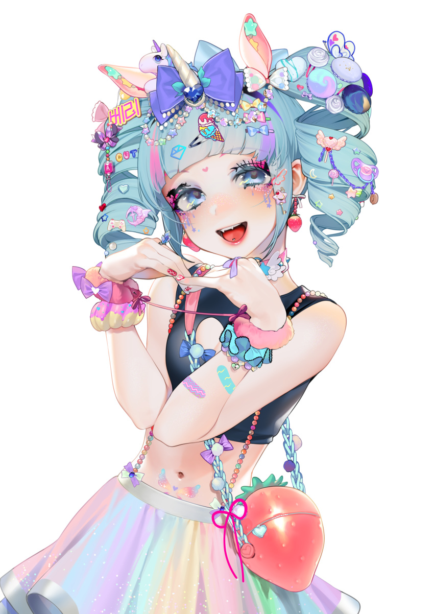 1girl, :d, absurdres, animal_ears, bare_shoulders, beads, black_shirt, blue_eyes, blue_hair, contrapposto, crop_top, drill_hair, earrings, eyelashes, eyeshadow, fangs, glitch, hair_ornament, hairclip, hands_up, head_tilt, heart, heart_arms, highres, horn, jewelry, long_hair, looking_at_viewer, makeup, midriff, multicolored_hair, nail_art, nail_polish, navel, ohisashiburi, open_mouth, piercing, pink_hair, purple_hair, red_nails, shining_star, shirt, simple_background, sleeveless, sleeveless_shirt, smile, solo, standing, stomach, tongue_piercing, twin_drills, twintails, unicorn, upper_body, white_background