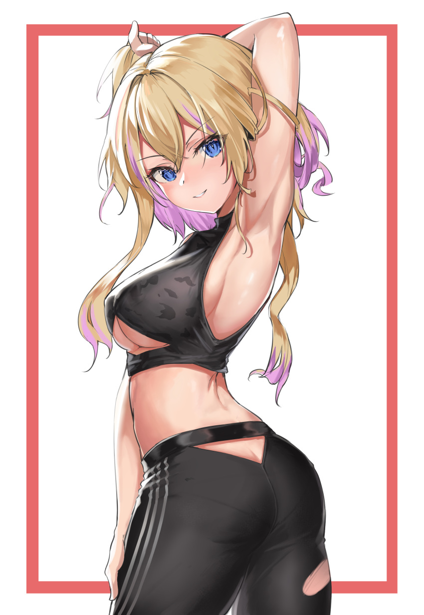 1girl, absurdres, ass, azur_lane, bangs, blonde_hair, blue_eyes, blush, breasts, commentary_request, cowboy_shot, eyebrows_visible_through_hair, hair_between_eyes, highres, l.j., large_breasts, looking_at_viewer, marblehead_(azur_lane), marblehead_(boxing_girl!)_(azur_lane), midriff, multicolored_hair, pants, shirt, short_hair_with_long_locks, sidelocks, simple_background, sleeveless, smile, solo, standing, track_pants, two-tone_hair, white_background