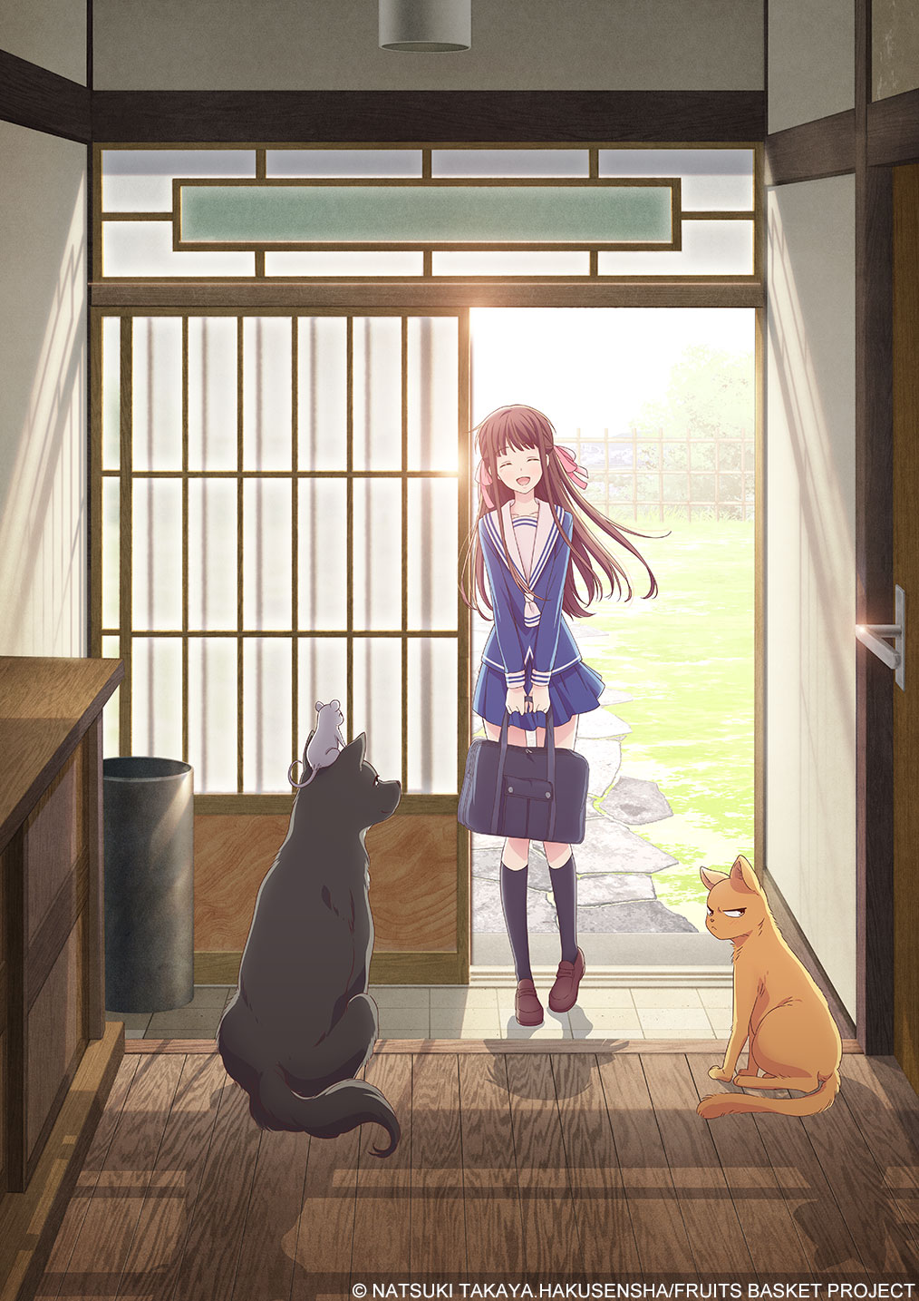 1girl, ^_^, artist_request, black_legwear, brown_hair, cat, closed_eyes, dog