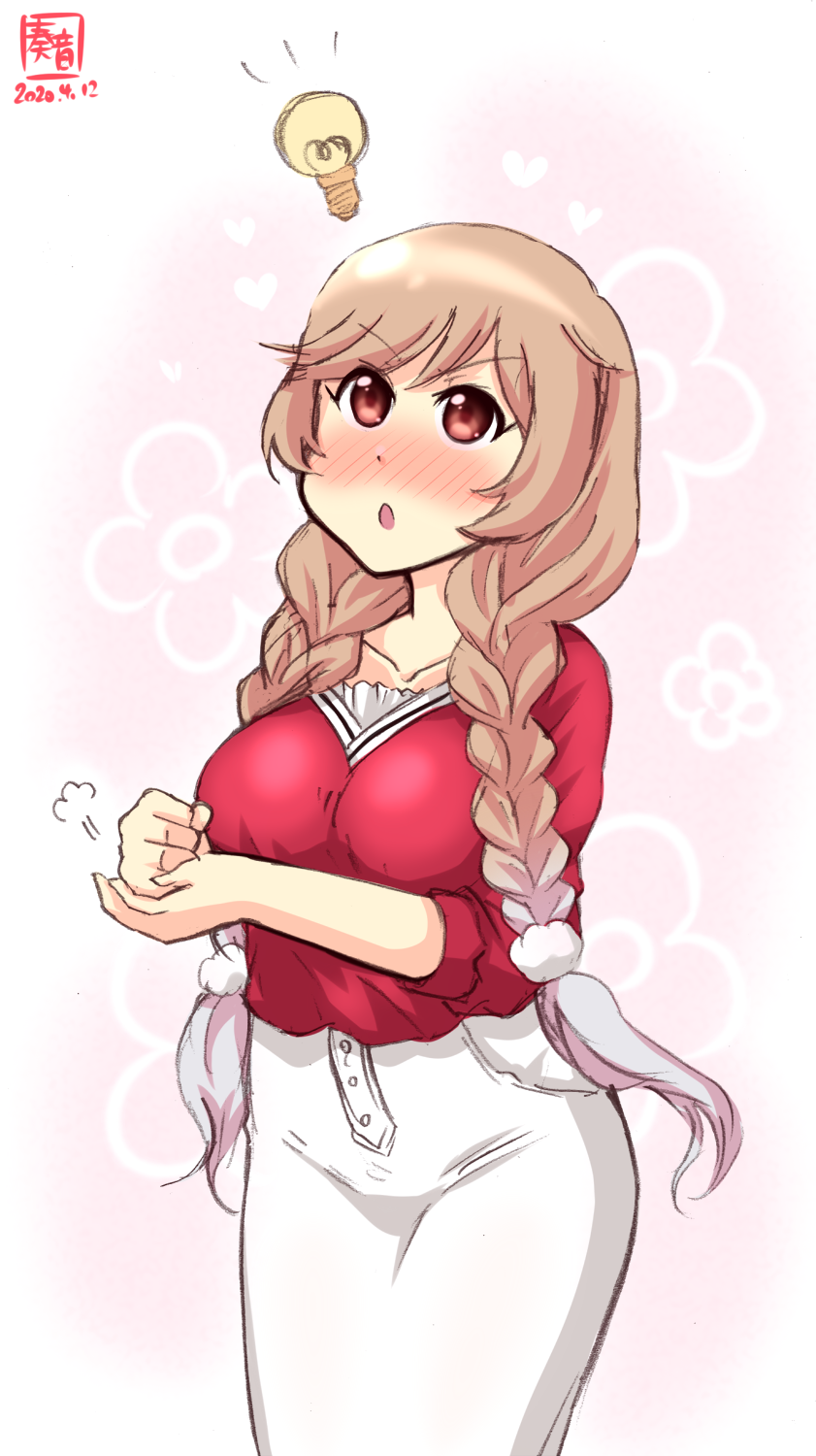 1girl, alternate_costume, artist_logo, bangs, blush, braid, brown_eyes, collarbone