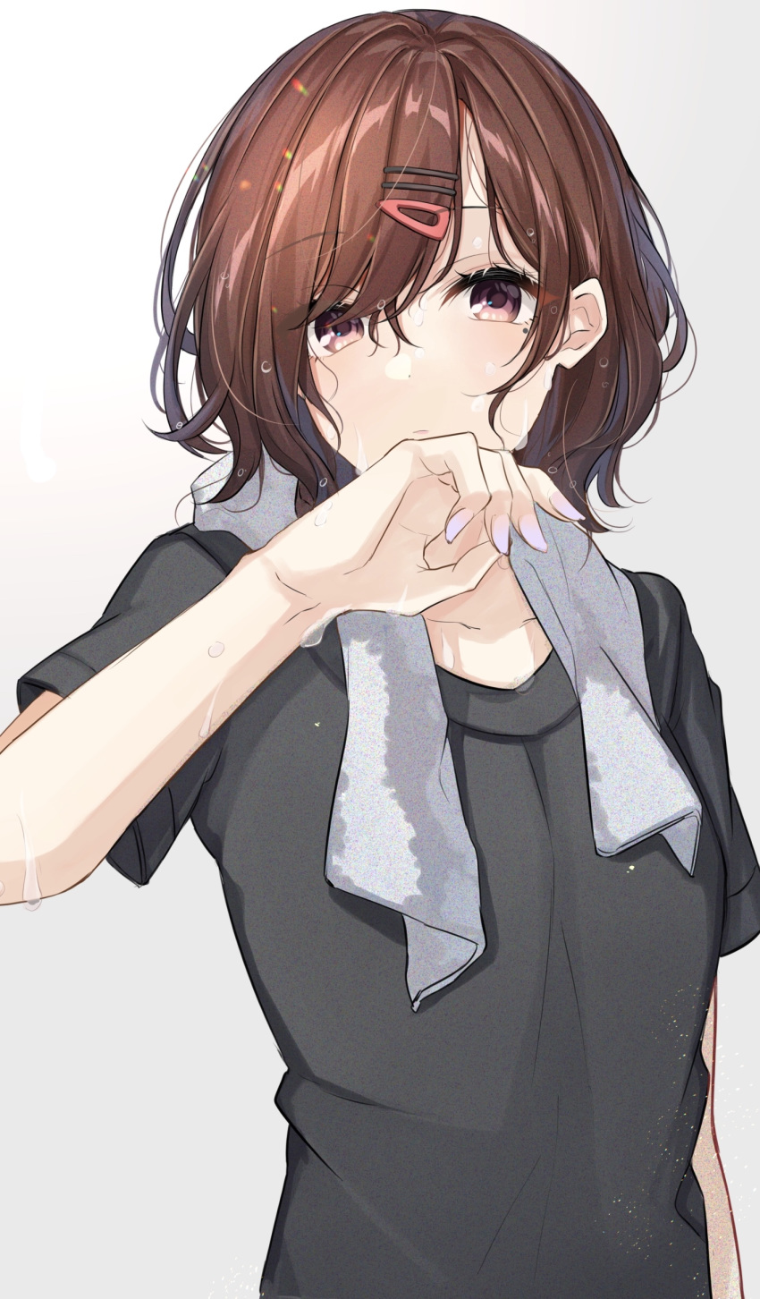 1girl, absurdres, bangs, black_shirt, blue_nails, brown_hair, collarbone, commentary_request
