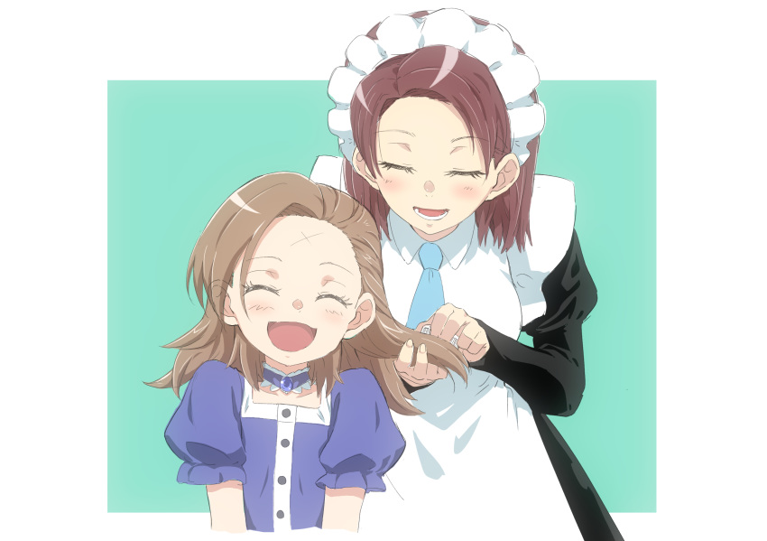 2girls, :d, anne_shelley, blue_background, blue_dress, blush, brown_hair, closed_eyes, comb, dress, error, facing_viewer, forehead_scar, hair_brushing, highres, katarina_claes, long_sleeves, maid, maid_headdress, multiple_girls, necktie, open_mouth, otome_game_no_hametsu_flag_shika_nai_akuyaku_reijou_ni_tensei_shite_shimatta, puffy_short_sleeves, puffy_sleeves, scar, short_hair, short_sleeves, smile, standing, ti_boi
