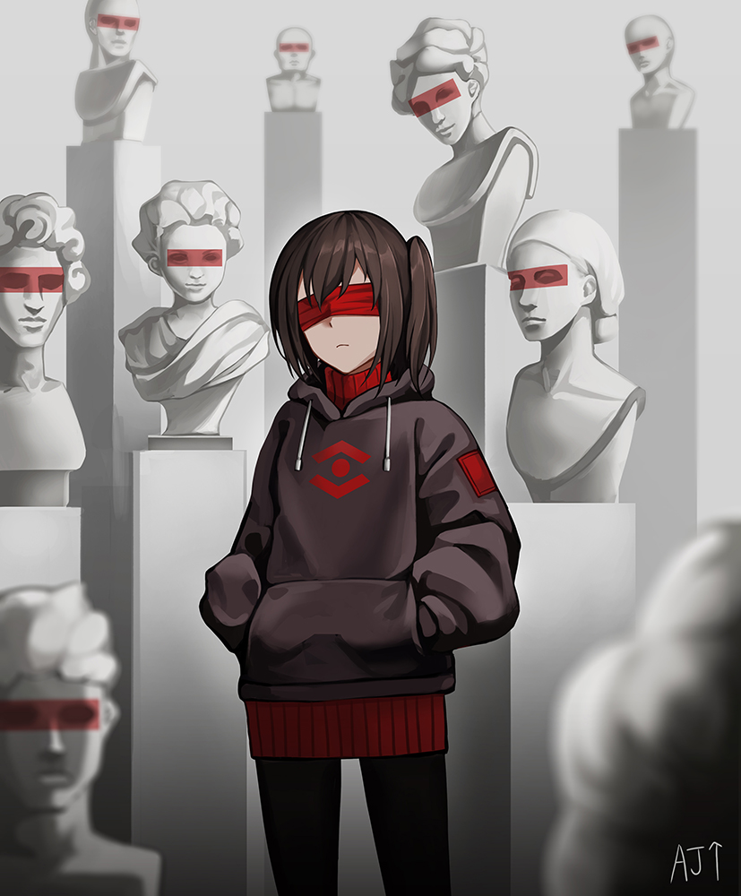 1girl, ark_john_up, artist_name, bangs, black_hoodie, black_legwear, blurry, brown_hair