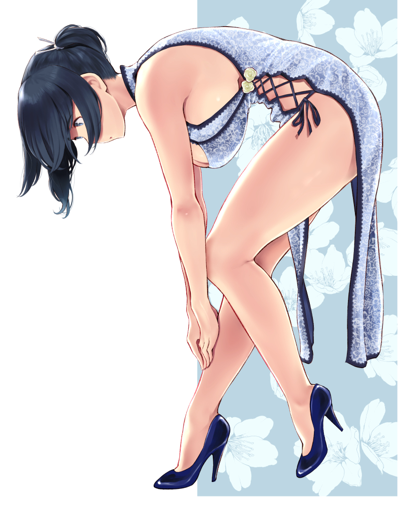 1girl, alternate_costume, bare_arms, bare_legs, bare_shoulders, blue_dress, blue_eyes, blue_footwear