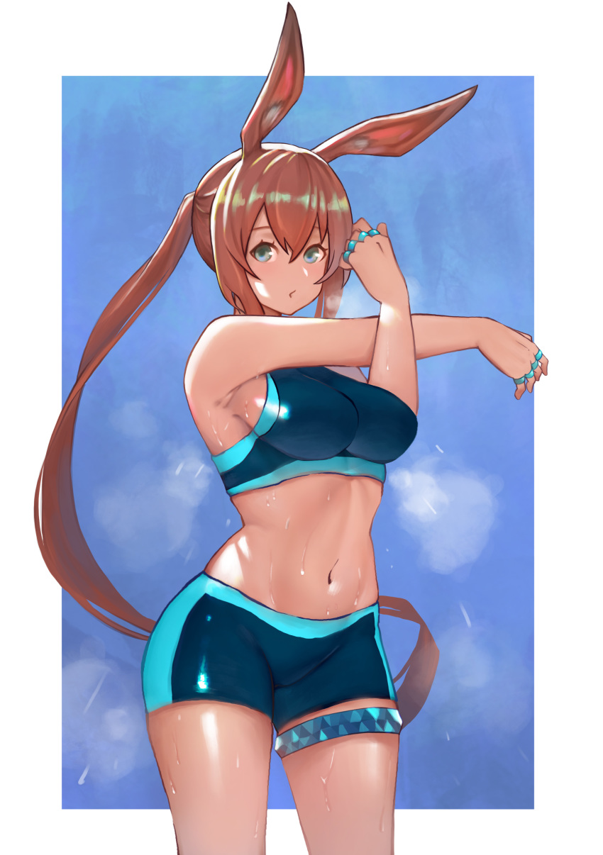1girl, :o, absurdres, amiya_(arknights), animal_ears, arknights, bangs, blue_bra