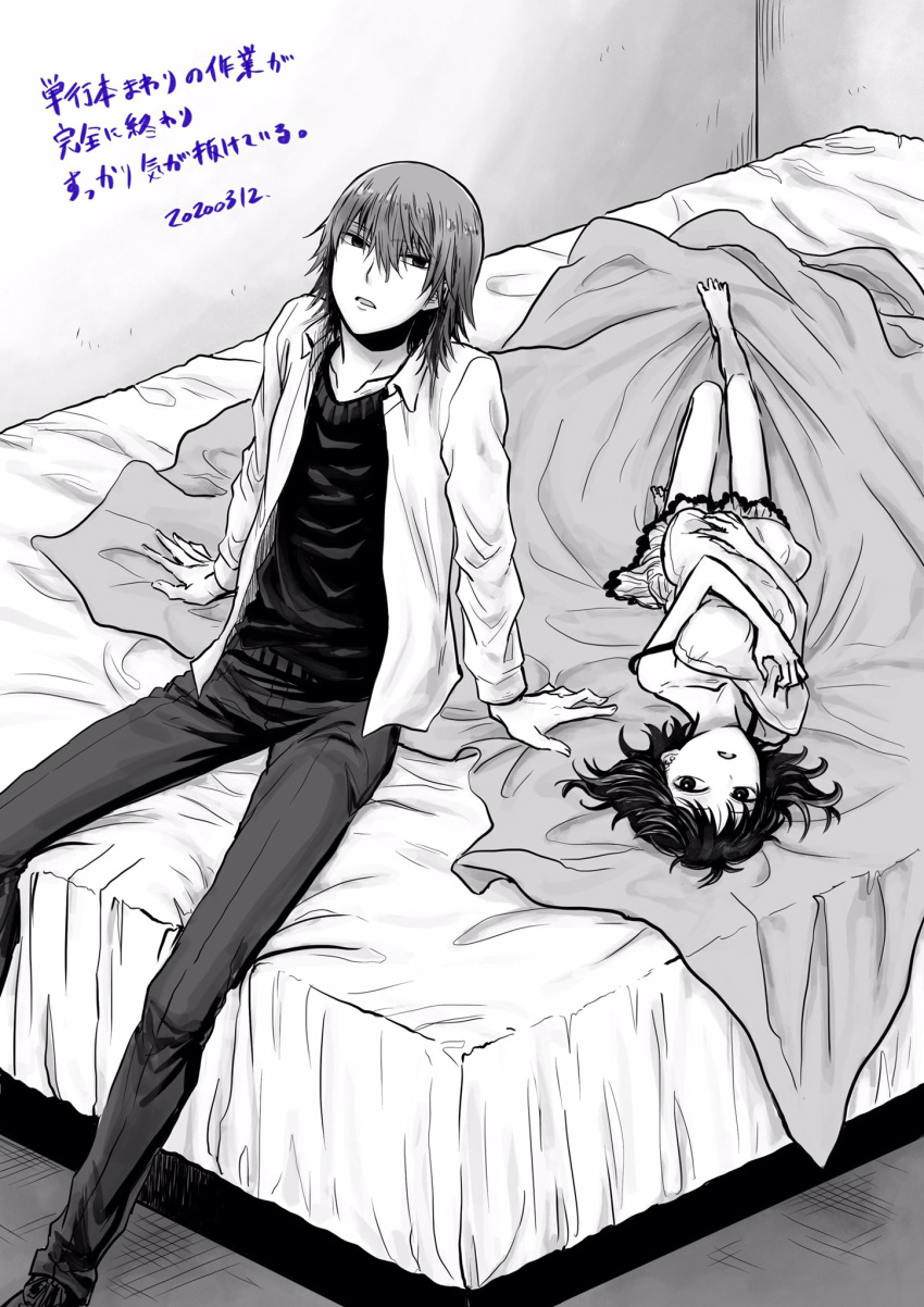 1boy, 1girl, arm_support, bangs, bare_shoulders, barefoot, bed, black_eyes