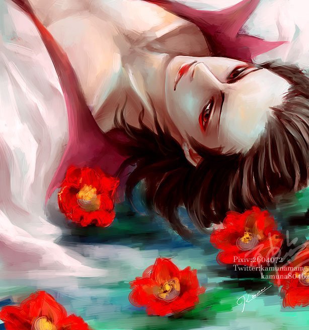 1boy, artist_name, brown_eyes, brown_hair, closed_mouth, collarbone, eyeshadow, flower