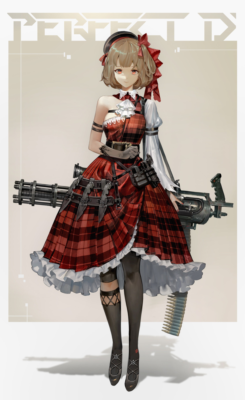 1girl, absurdres, ammunition_belt, asymmetrical_legwear, asymmetrical_sleeves, bangs, belt, beret, black_belt, black_footwear, black_headwear, bow, brown_hair, clenched_hand, closed_mouth, combat_knife, commentary, cravat, dress, english_commentary, english_text, flats, frilled_dress, frills, full_body, gatling_gun, gloves, grey_background, grey_gloves, hair_bow, hat, highres, knife, light_smile, long_sleeves, looking_at_viewer, medium_dress, minigun, object_279, original, pink_eyes, plaid, plaid_dress, red_bow, red_dress, shadow, short_hair, shycocoa, single_glove, socks, solo, standing, thigh-highs, tilted_headwear, utility_belt, weapon, white_neckwear