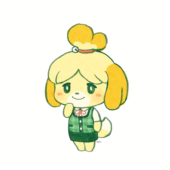 1girl, animal, animal_crossing, animal_ears, ayu_(mog), bell, blonde_hair, blush_stickers, bright_pupils, closed_mouth, cute, dog_ears, dog_girl, doubutsu_no_mori, full_body, green_sweater, green_vest, hair_bell, hair_ornament, hand_up, isabelle_(animal_crosing), jingle_bell, looking_at_viewer, mammal, neck_ribbon, nintendo, nintendo_ead, no_humans, pencil_skirt, red_neckwear, red_ribbon, ribbon, shizue_(doubutsu_no_mori), signature, simple_background, skirt, smile, solo, standing, sweater, topknot, vest, white_background