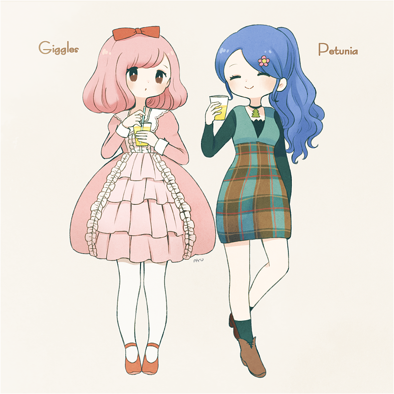 2girls, ankle_boots, ayu_(mog), black_choker, blue_hair, boots, bow, bright_pupils