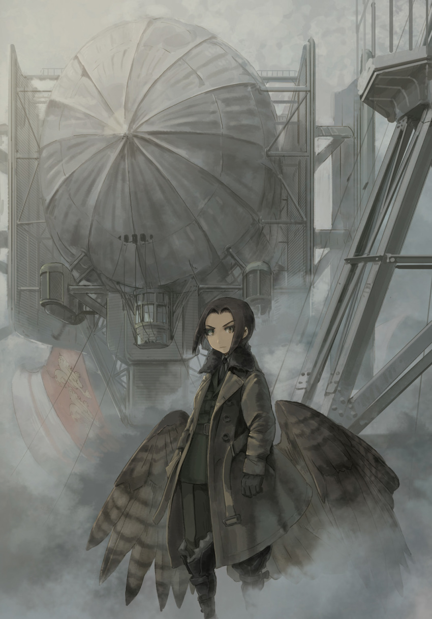 1girl, aircraft, amelia_shaw, asterisk_kome, bird_wings, black_footwear, black_gloves, black_hair