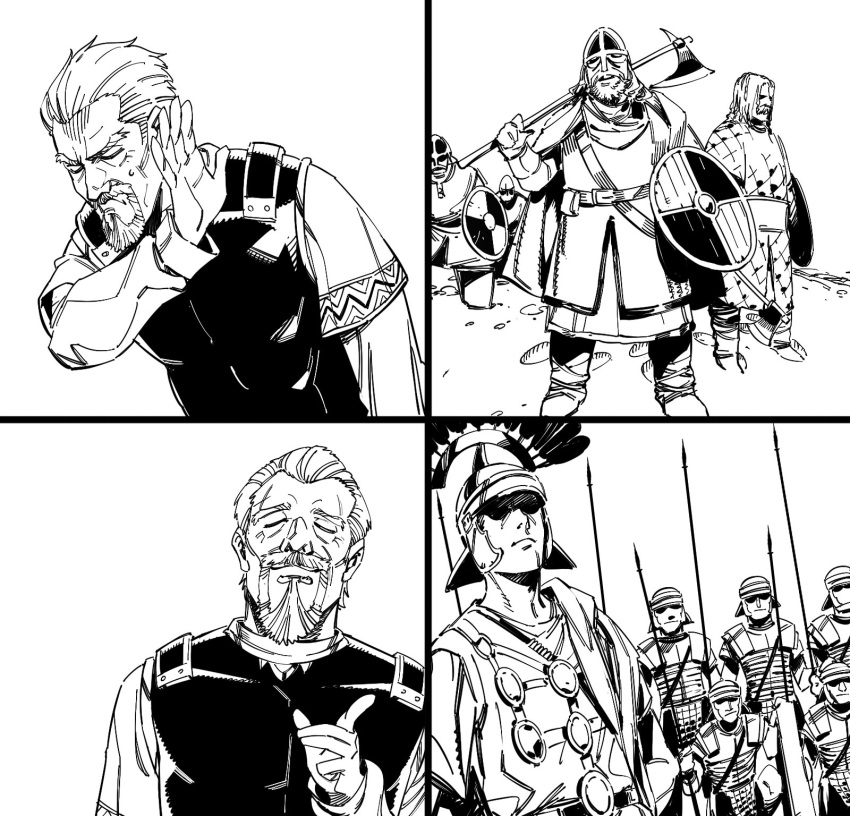 6+boys, armor, army, askeladd, axe, beard, breastplate, closed_eyes
