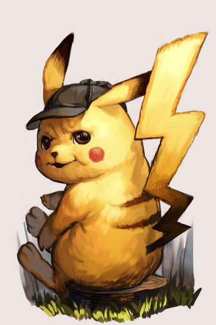 brown_eyes, clothed_pokemon, detective_pikachu, detective_pikachu_(character), from_behind, gen_1_pokemon, grass, grey_background