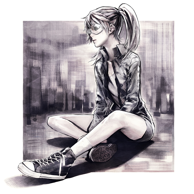 all_star, dennou_coil, glasses, iwai_ryo, iwai_ryou, monochrome, realistic, shoes, short_hair, sitting, sneakers, solo, twintails