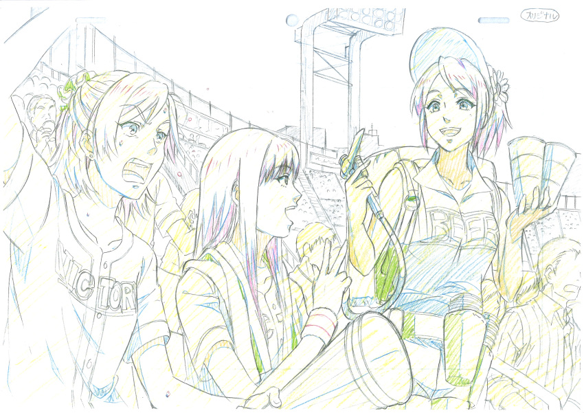 3girls, absurdres, alcohol, amps.yumest, animation_paper, animator, audience, bangs, baseball_jersey, baseball_stadium, beer, beer_tap, belt, bleachers, bob_cut, color_trace, commentary_request, crowd, cup, drinking, flower, hair_flower, hair_ornament, hat, highres, holding, holding_cup, long_hair, looking_ahead, looking_at_another, megaphone, multiple_girls, original, parted_bangs, production_art, scrunchie, shirt, short_hair, shouting, sketch, smile, stadium, striped, striped_shirt, sweat, sweatdrop, translated, uniform, visor_cap
