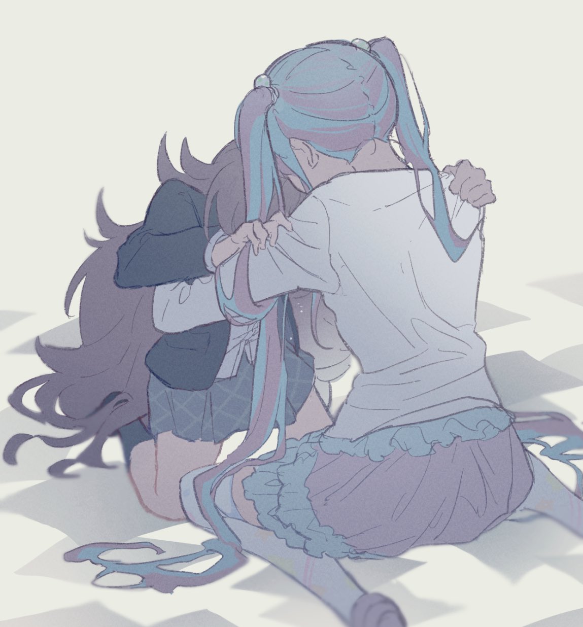 2girls, angst, bang_dream!, black_jacket, blue_hair, crying, hair_bobbles, hair_ornament
