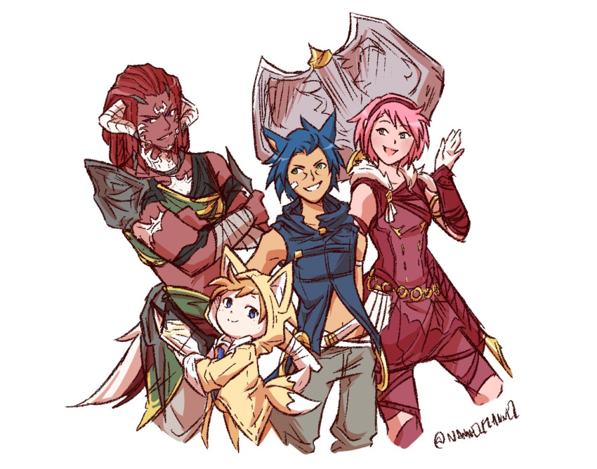 1girl, 3boys, amy_rose, animal_ears, au_ra, axe, blonde_hair, blue_hair, cat_ears, crossed_arms, dark_skin, final_fantasy, final_fantasy_xiv, fox_hood, hood, horns, humanization, hyur, knuckles_the_echidna, lalafell, looking_at_viewer, miqo'te, multiple_boys, nannelflannel, personification, pink_hair, redhead, shoulder_armor, smile, sonic, sonic_(series), sonic_the_hedgehog